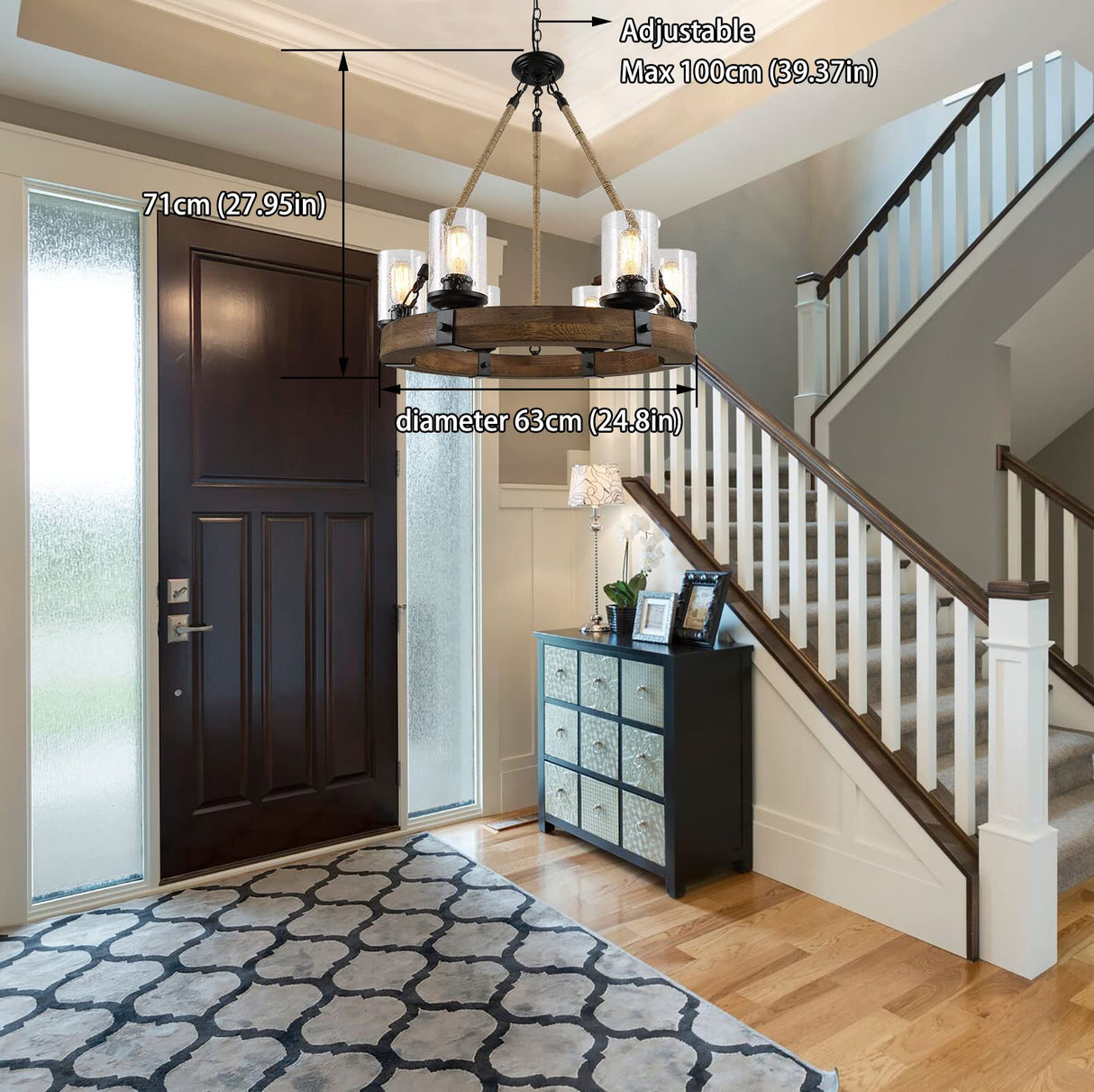 Rustic 6 Light Wagon Wheel Chandelier, Round Wood Pendant Light with Seeded Glass Shade, Farmhouse Chandeliers for Dining Room Kitchen Island Foyer Entryway BAOURE