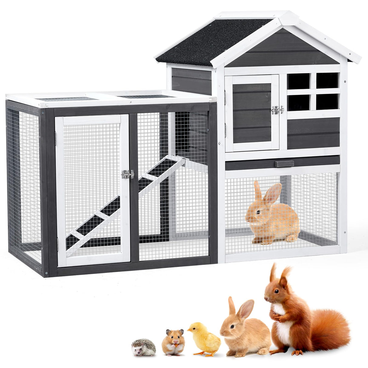 Outvita Rabbit Hutch, Small Wood Chicken Coop, 48" Guinea Pig Cage w/Pull-Out Tray, Waterproof Asphalt Roof, Chicken Run, Interactive Door for Small Animal Pen Outdoor Outvita