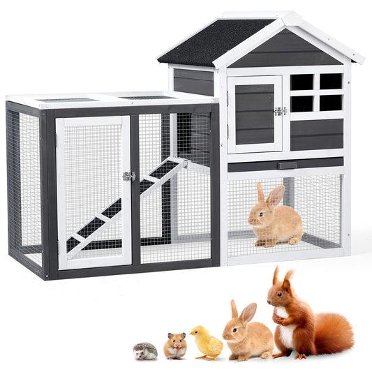 Outvita Rabbit Hutch, Small Wood Chicken Coop, 48" Guinea Pig Cage w/Pull-Out Tray, Waterproof Asphalt Roof, Chicken Run, Interactive Door for Small Animal Pen Outdoor - WoodArtSupply