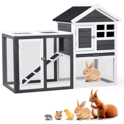 Outvita Rabbit Hutch, Small Wood Chicken Coop, 48" Guinea Pig Cage w/Pull-Out Tray, Waterproof Asphalt Roof, Chicken Run, Interactive Door for Small Animal Pen Outdoor