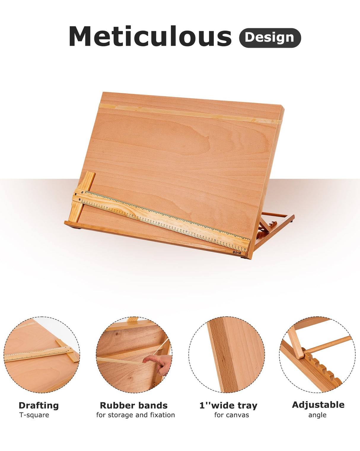 DJAR A3 Drafting Table Easel, Adjustable Portable Beech Wood Drawing Sketching Board, 5 Positions, Natural DJAR