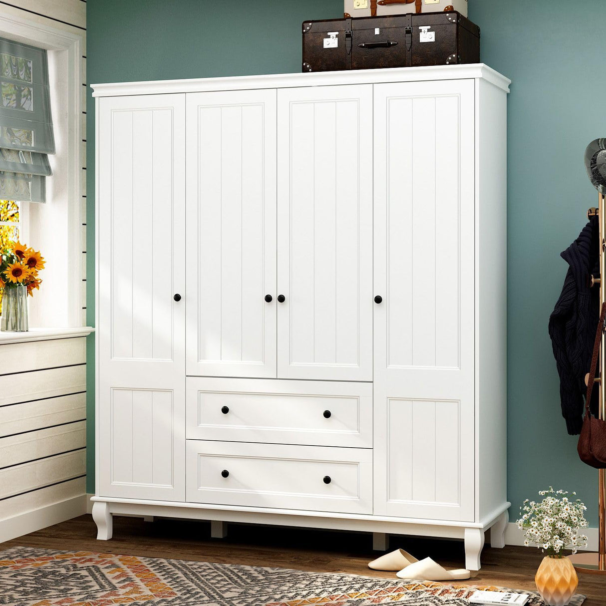 MOUMON Large 4-Door Wardrobe Closet with Doors and Shelves, Armoire Wardrobe Closet with Hanging Rod, Armoires and Wardrobes with 2 Drawers, Armoire for Bedroom White (63”W x 18.9”D x 71.3”H) MOUMON