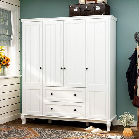 MOUMON Large 4-Door Wardrobe Closet with Doors and Shelves, Armoire Wardrobe Closet with Hanging Rod, Armoires and Wardrobes with 2 Drawers, Armoire for Bedroom White (63”W x 18.9”D x 71.3”H) MOUMON