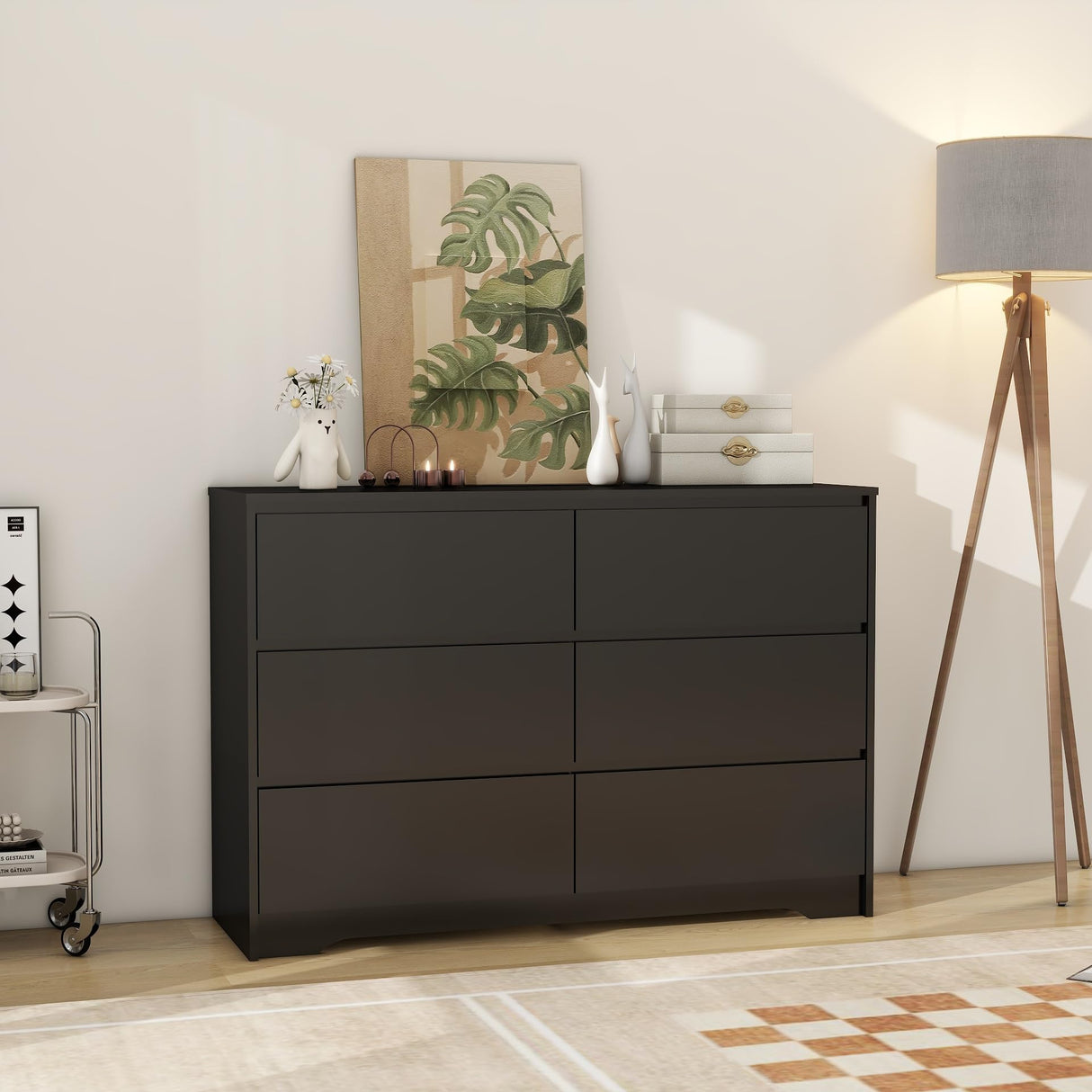 Panana Modern 6 Drawer Double Dresser, Wood Wide 6 Chest of Drawers with Deep Drawers Floor Storage Lateral Drawer Cabinet Organizer for Living Room Bedroom Home Office (Black) Panana