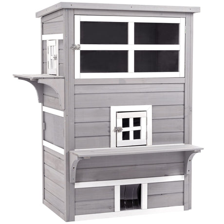 PawHut 3-Story Cat House Feral Cat Shelter, Outdoor Kitten Condo with Raised Floor, Asphalt Roof, Escape Doors, Jumping Platforms, Gray PawHut