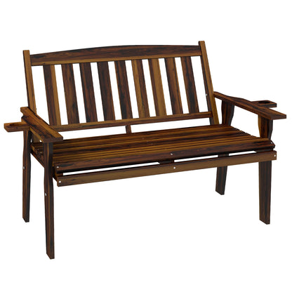 Outsunny Carbonized Wood 2-Person Garden Bench with Cupholder Armrests - WoodArtSupply