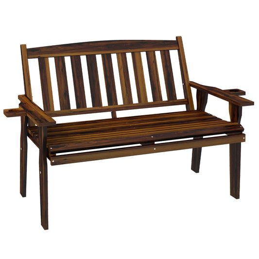 Outsunny Carbonized Wood 2-Person Garden Bench with Cupholder Armrests - WoodArtSupply