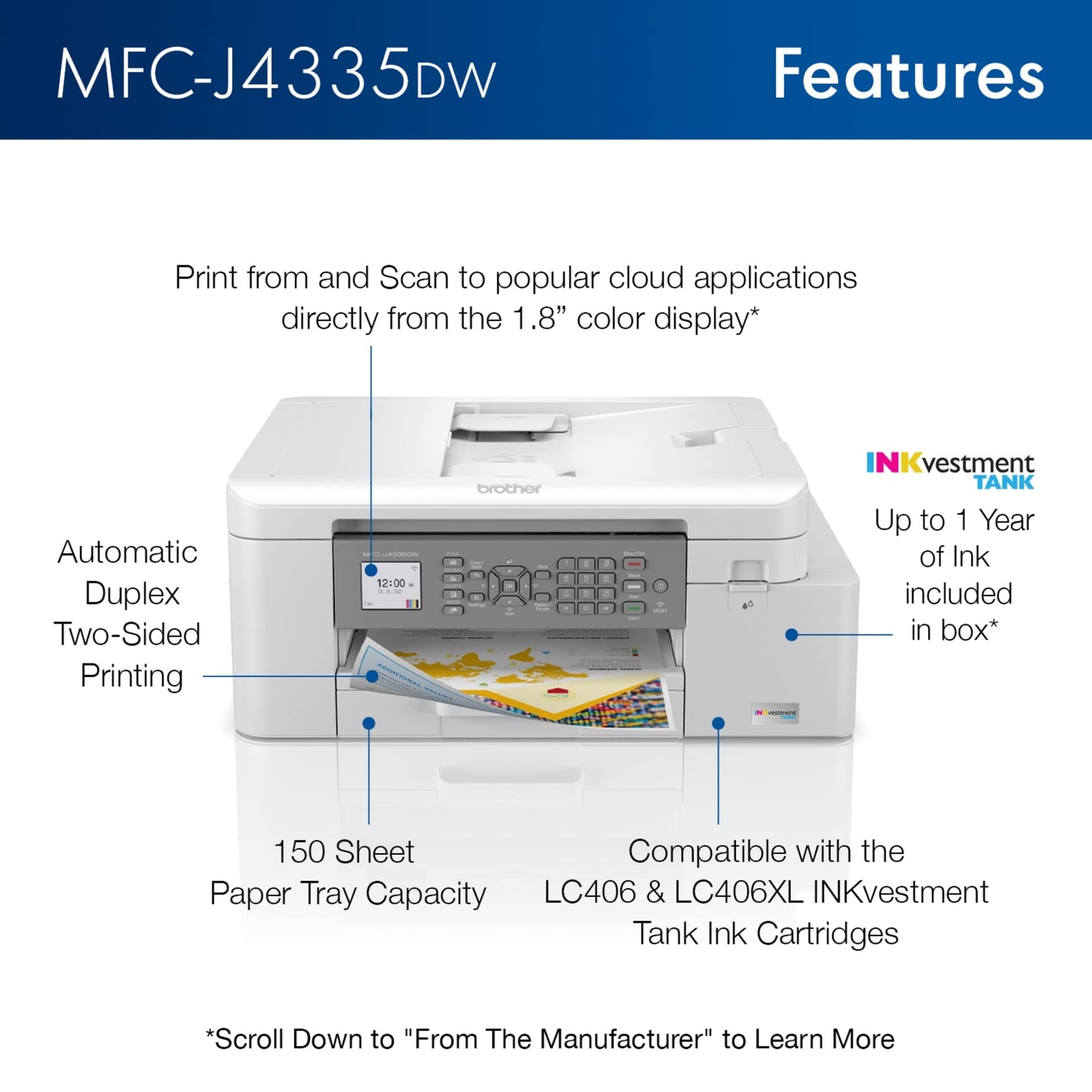 Brother MFC-J4335DW INKvestment Tank All-in-One Printer with Duplex and Wireless Printing Plus Up to 1-Year of Ink in-Box