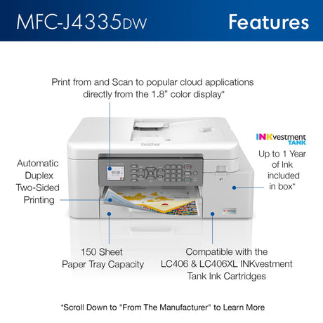 Brother MFC-J4335DW INKvestment Tank All-in-One Printer with Duplex and Wireless Printing Plus Up to 1-Year of Ink in-Box Brother