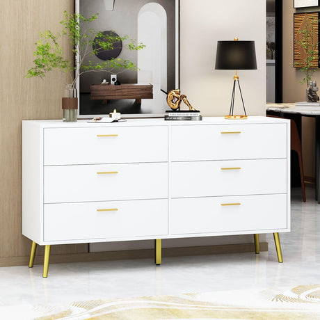 TAMUNE 54” 6 Drawer Dresser, Modern 6-Drawer Chest with Gold Metal Handles, Bedroom Dresser with Gold Metal Legs, for Living Room Entryway White (54”W x 15.7”D x 30.1”H) TAMUNE