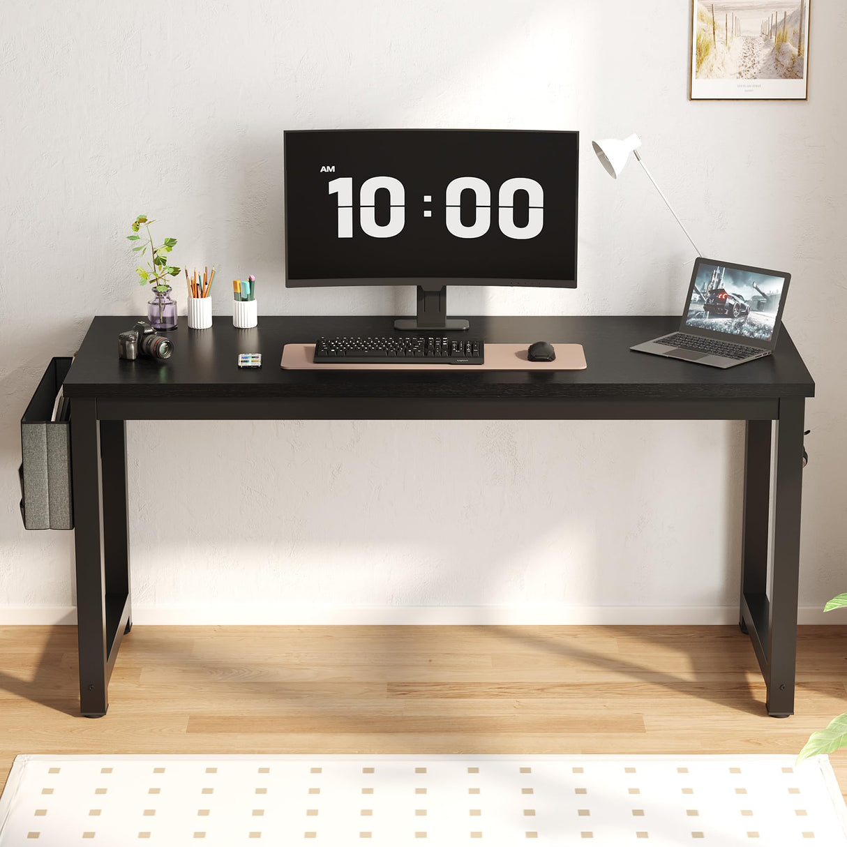 SURMIO Large Computer Desk - 63 Inch Home Office Desk Study Student Writing Table Gaming Desk Wood Modern Simple Table with Storage Bag & Headphone Hooks, Black SURMIO