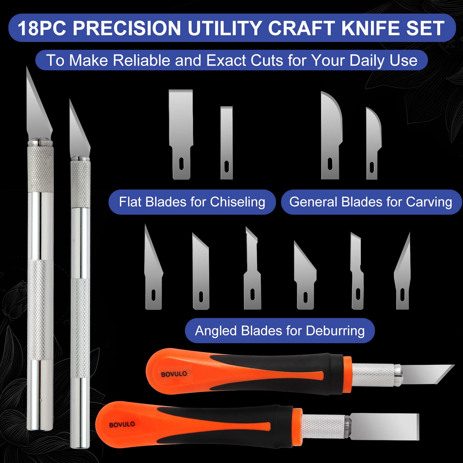 18pc Precision Utility Craft Knife Set - Premium Hobby Knife Cutting Tool with Sharp Blades for Architectural Models, Carving Pumpkins/Stencils, Paper/Leather/vinyl Crafts, Miniatures by Bovu - WoodArtSupply