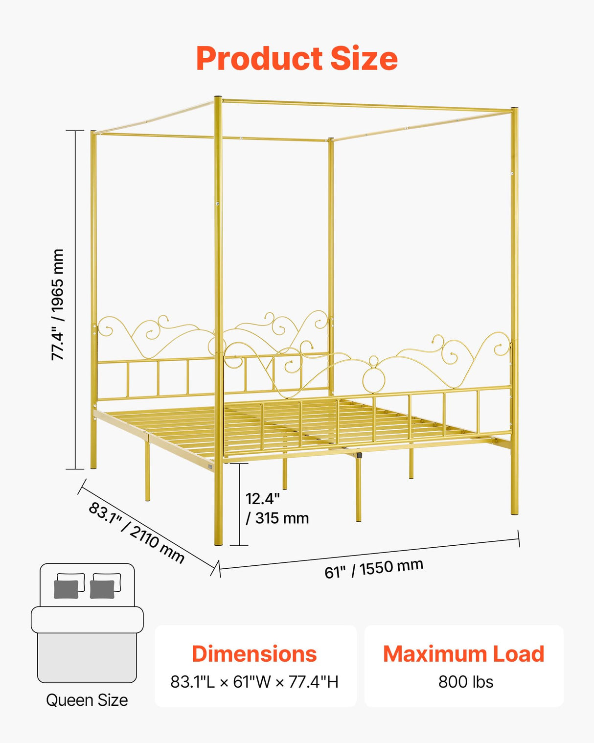 VEVOR Canopy Bed Frame Queen Size, Metal Canopy Bed with Minimalist Headboard & Four Posters Design, Heavy Duty Steel Slats Support, Underbed Storage Space, No Box Spring Needed, Easy Assembly, Gold VEVOR