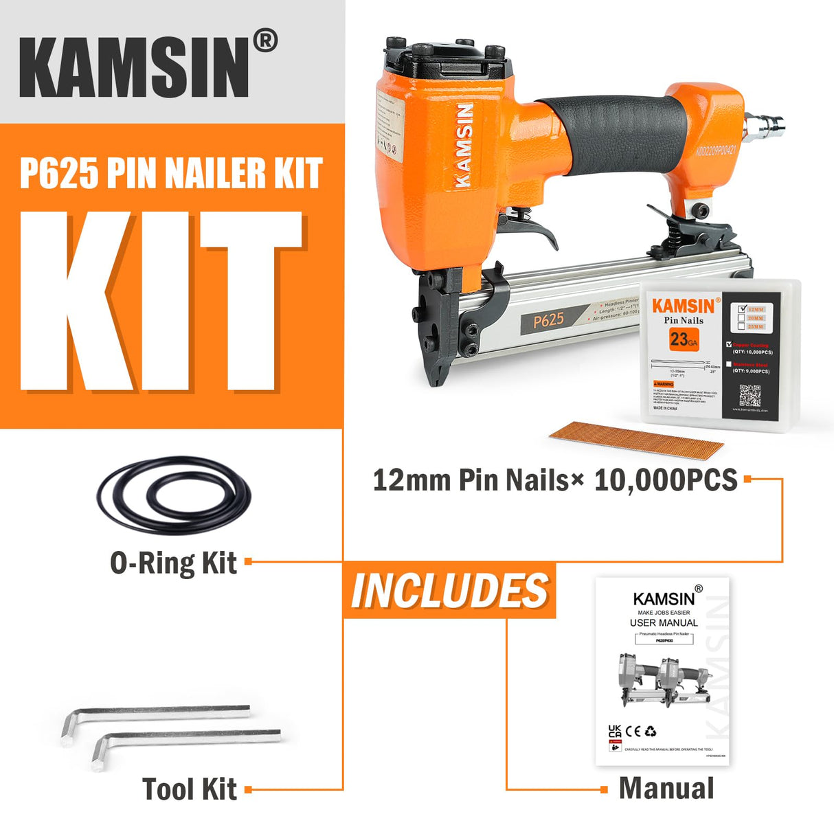 P625 23 Gauge Pneumatic Micro Pin Nailer 3/8-Inch to 1-Inch Length Air Power Headless Pinner Kit with 10,000 Pins Pin Nail Gun Pins Gun Brad Nailer Gun Finish Nailer Gun KAMSIN