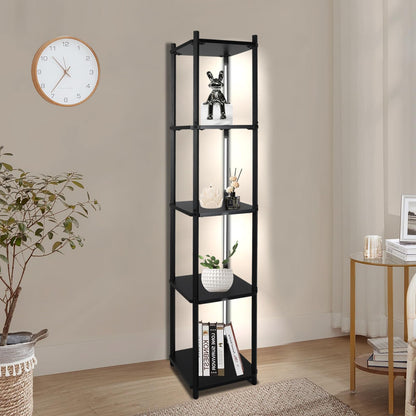 VIWODS Tall Bookshelf with Lights, 5-Tier Display Shelf for Collectibles, Corner Floor Lamp with Shelves, Black