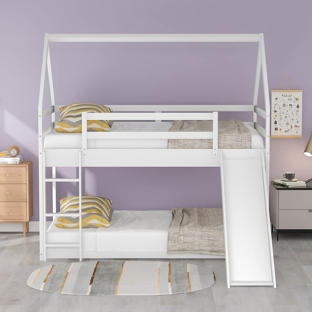 Harper & Bright Designs Twin Over Twin Low Bunk Bed with Slide, Solid Wood House Bunk Bed for Kids Girls Boys (White) Harper & Bright Designs