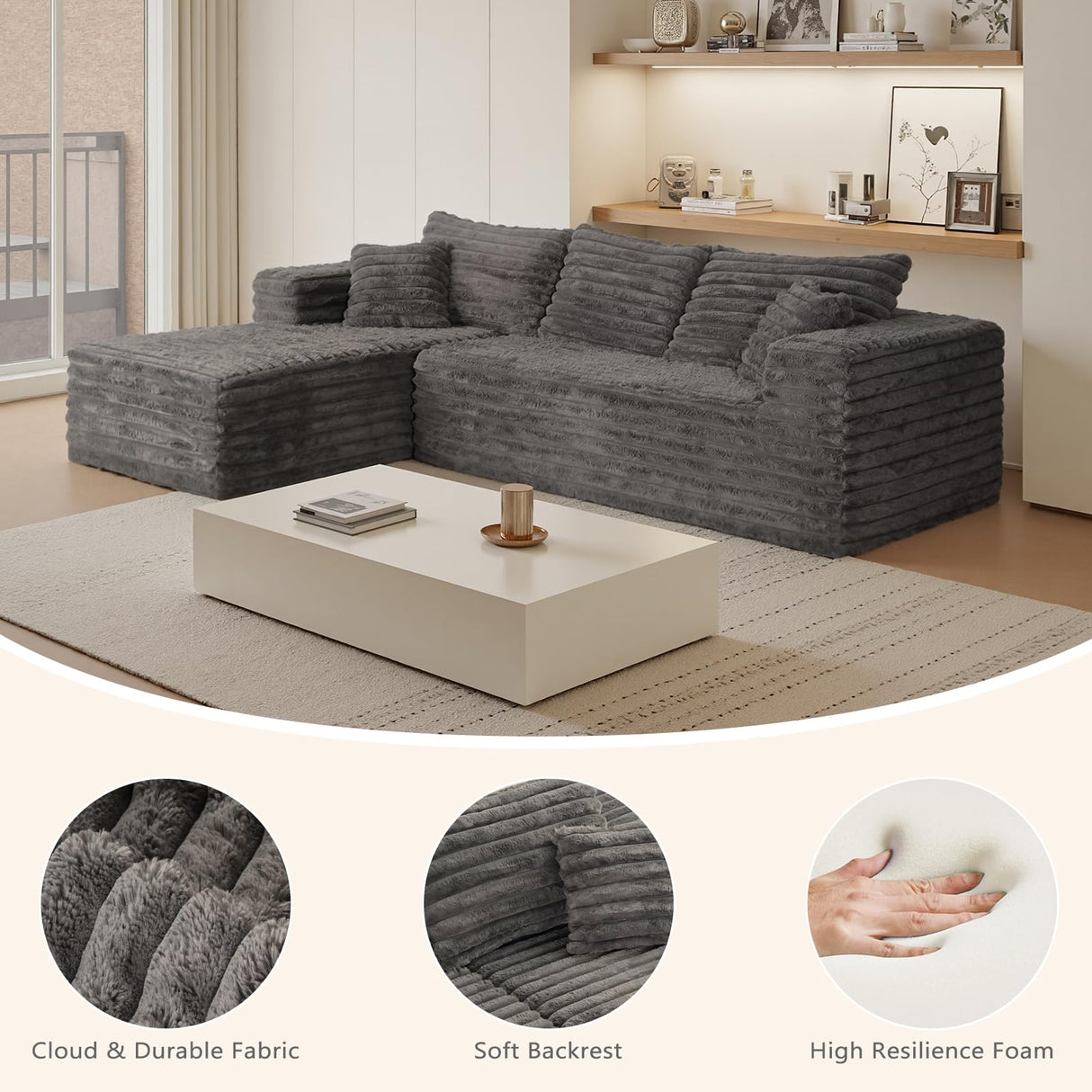 Grey Cloud Sectional Couch with L-Shape Chaise,Modern Modular Sofa with Deep Seat, Upholstered Couches with Left Facing Chaise for Living Room Bedroom, No Assembly Required, Plush Corduroy SIMTONAL