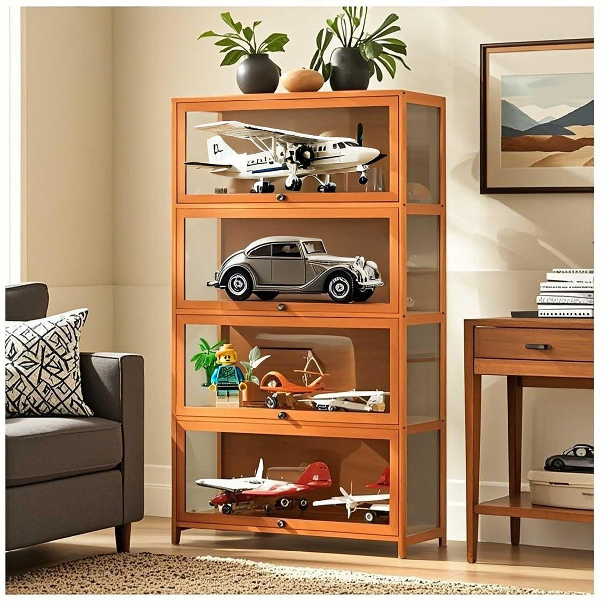 Curio Display Cabinet, 4-Tier Tall Bookcase with Acrylic Flip Door, Collectibles Toy Organizers Rack & Display Shelf, Bookshelf and Bookcase for Playroom, Bedroom, Office,Wooden,140×80cm/55×32in Generic