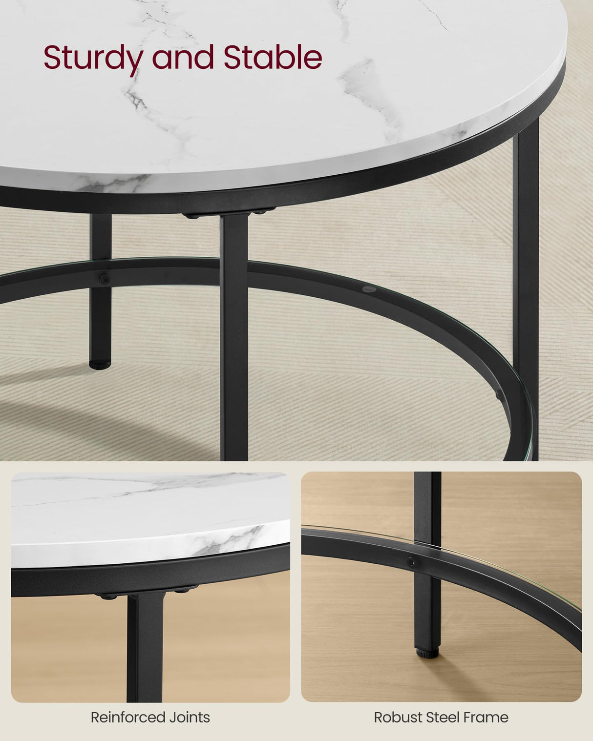 VASAGLE Round Coffee Table, Small Coffee Table with Faux Marble Top and Glass Storage Shelf, 2-Tier Circle Coffee Table, Modern Center Table for Living Room, Marble White and Ink Black ULCT072W13 VASAGLE