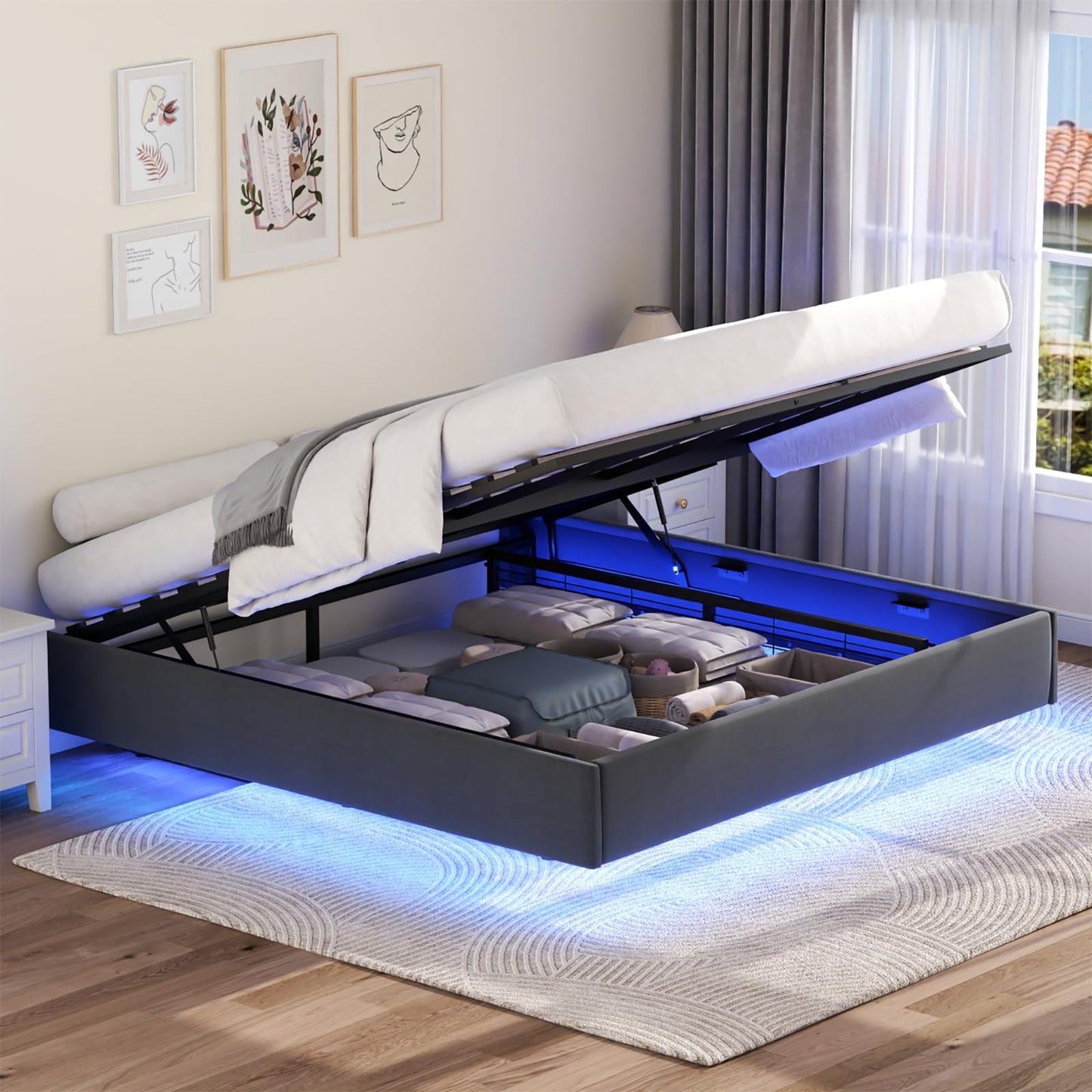 Auromie King Floating Lift Up Bed Frame with LED Lights and Hydraulic Storage - WoodArtSupply