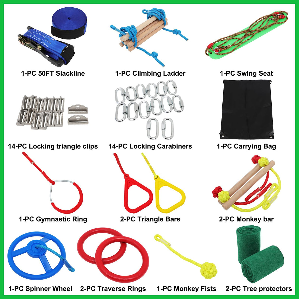 Ninja Warrior Kids Obstacle Course, 65 FT Durable Slackline with 7 Obstacles-Swings, Monkey Bars, Arm Trainers and More, Weatherproof Outdoor Obstacle Course for Backyard, Gym, Field FAHKNS