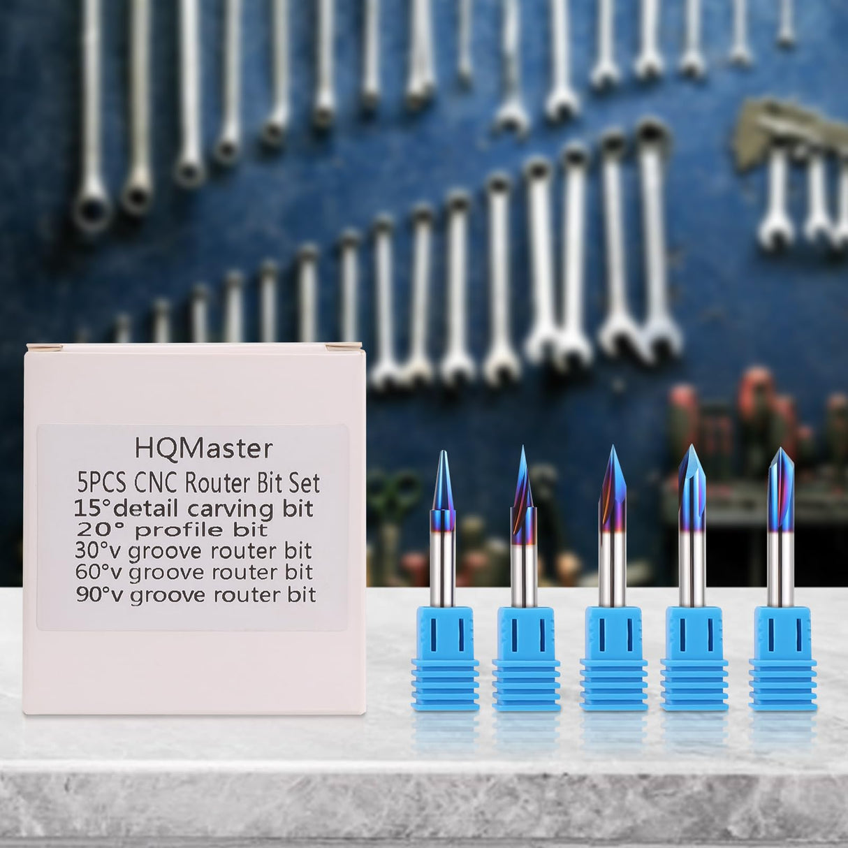 HQMaster 5PCS CNC Wood Carving Router Bits Set, 1/4'' Shank, 15° Detail Carving Liner+ 20° Profile bit+30°+60°+ 90° V Groove Router Bit Set HQMaster