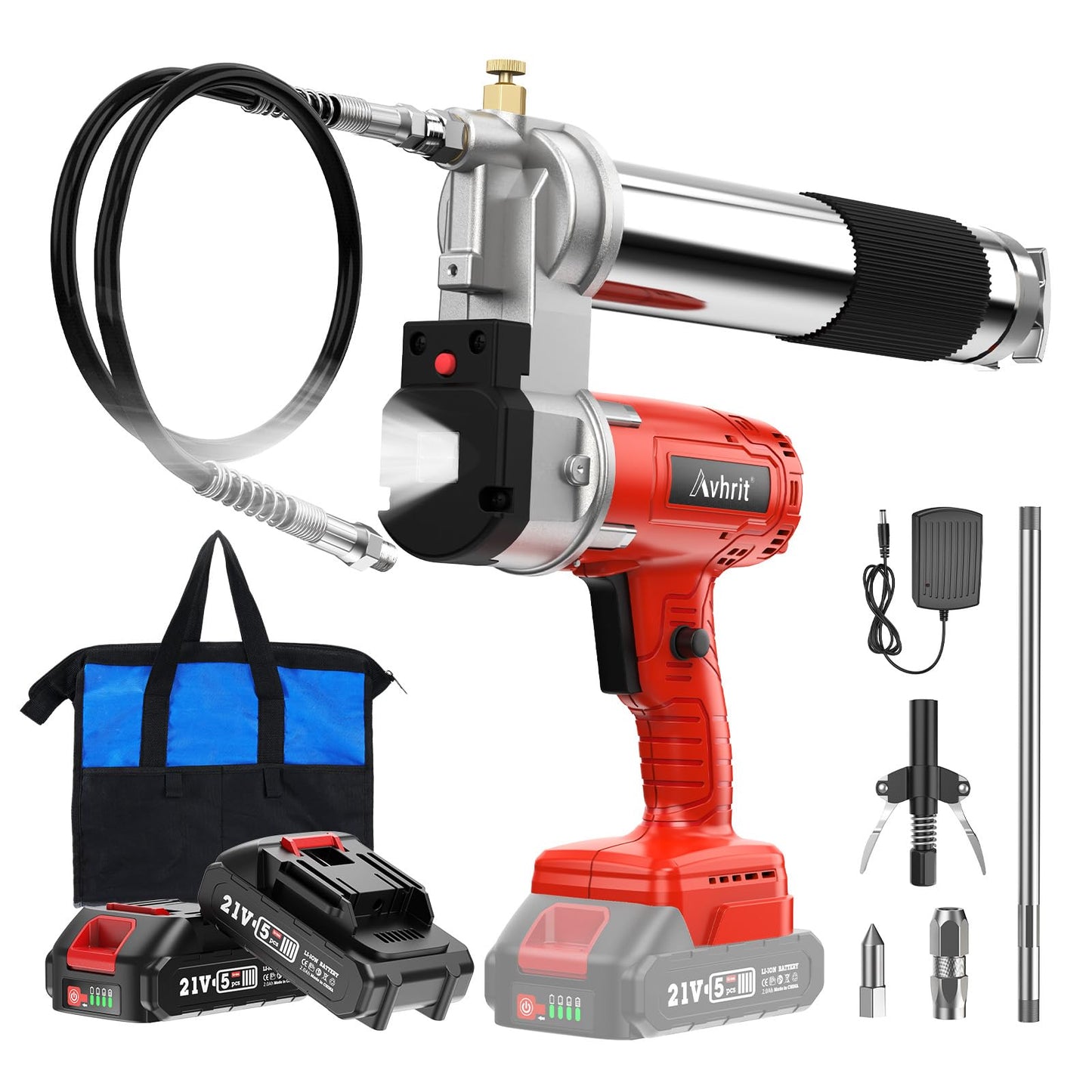 Avhrit Power Grease Gun, [with Super Bright LED Light] Grease Gun Battery Powered High Efficient 10000PSI Electric Grease Gun with 2 Batteries and Charger, 39.4” Long Hose and Quick Release C - WoodArtSupply