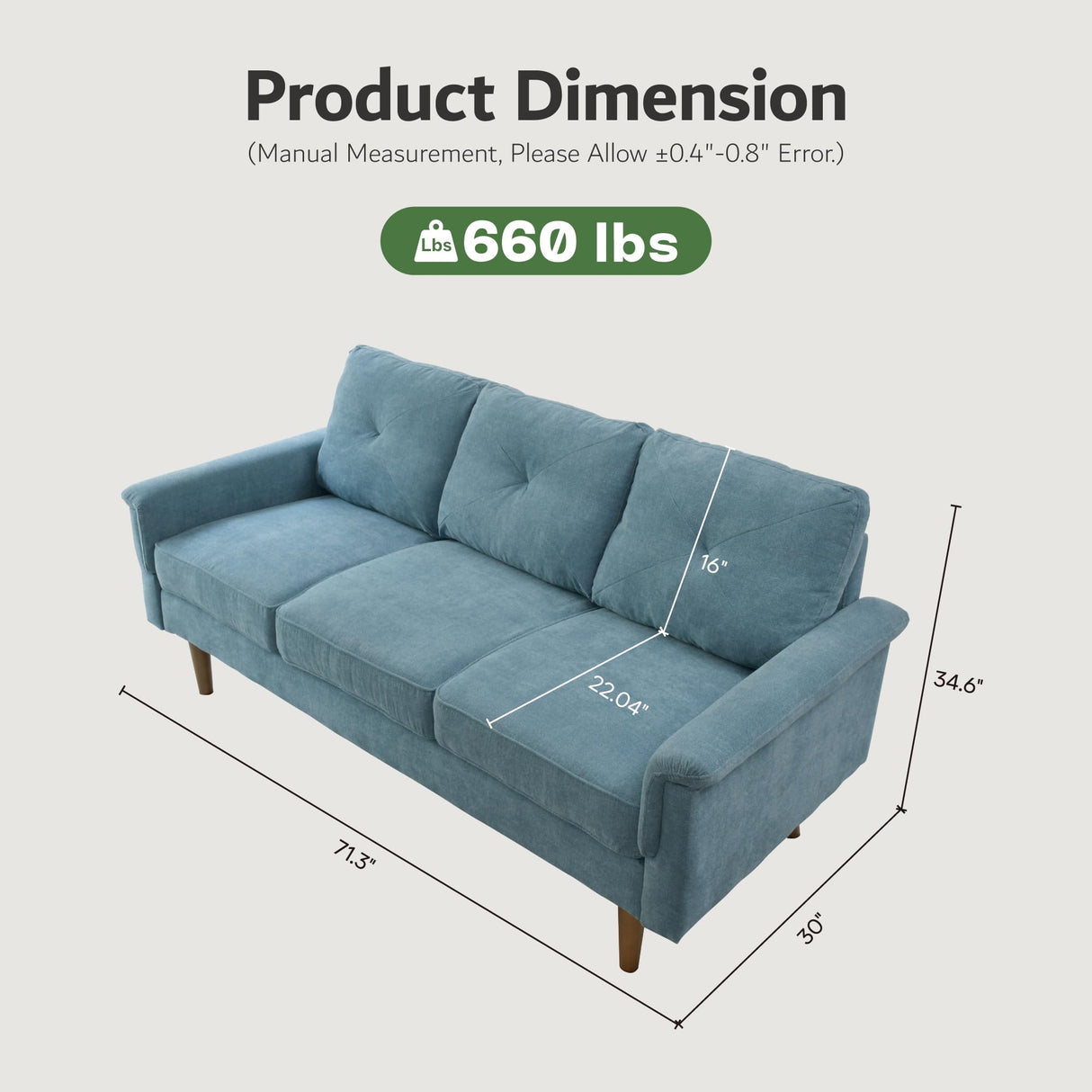 ovios Luxury 3 Seater Sofa with Faux Leather,Mid-Century Modern Couch with Comfortable Armrest,Comfy Couches with Deep Seat,Small Sofas for Living Room Bedroom (Light Blure) ovios