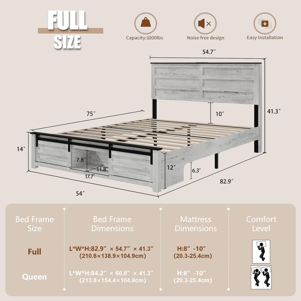 WQQUT Full Size Farmhouse Bed Frame with Sliding Barn Door Storage Cabinets, Charging Station & LED Lights, Wood Platform Bed Frame with Solid Wood Slats, Noiseless, No Box Spring Needed WQQUT