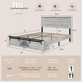WQQUT Full Size Farmhouse Bed Frame with Sliding Barn Door Storage Cabinets, Charging Station & LED Lights, Wood Platform Bed Frame with Solid Wood Slats, Noiseless, No Box Spring Needed WQQUT