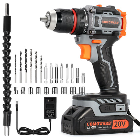 COMOWARE 20V Cordless Drill, Brushless Power Drill Set with 1.5Ah Li-ion Battery & Fast Charger, 23+1 Clutch 1/2" Keyless Chuck Max 38 N.m, Dual Speed Electric Drill Driver Accessories COMOWARE