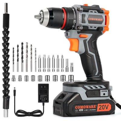 COMOWARE 20V Cordless Drill, Brushless Power Drill Set with 1.5Ah Li-ion Battery & Fast Charger, 23+1 Clutch 1/2" Keyless Chuck Max 38 N.m, Dual Speed Electric Drill Driver Accessories