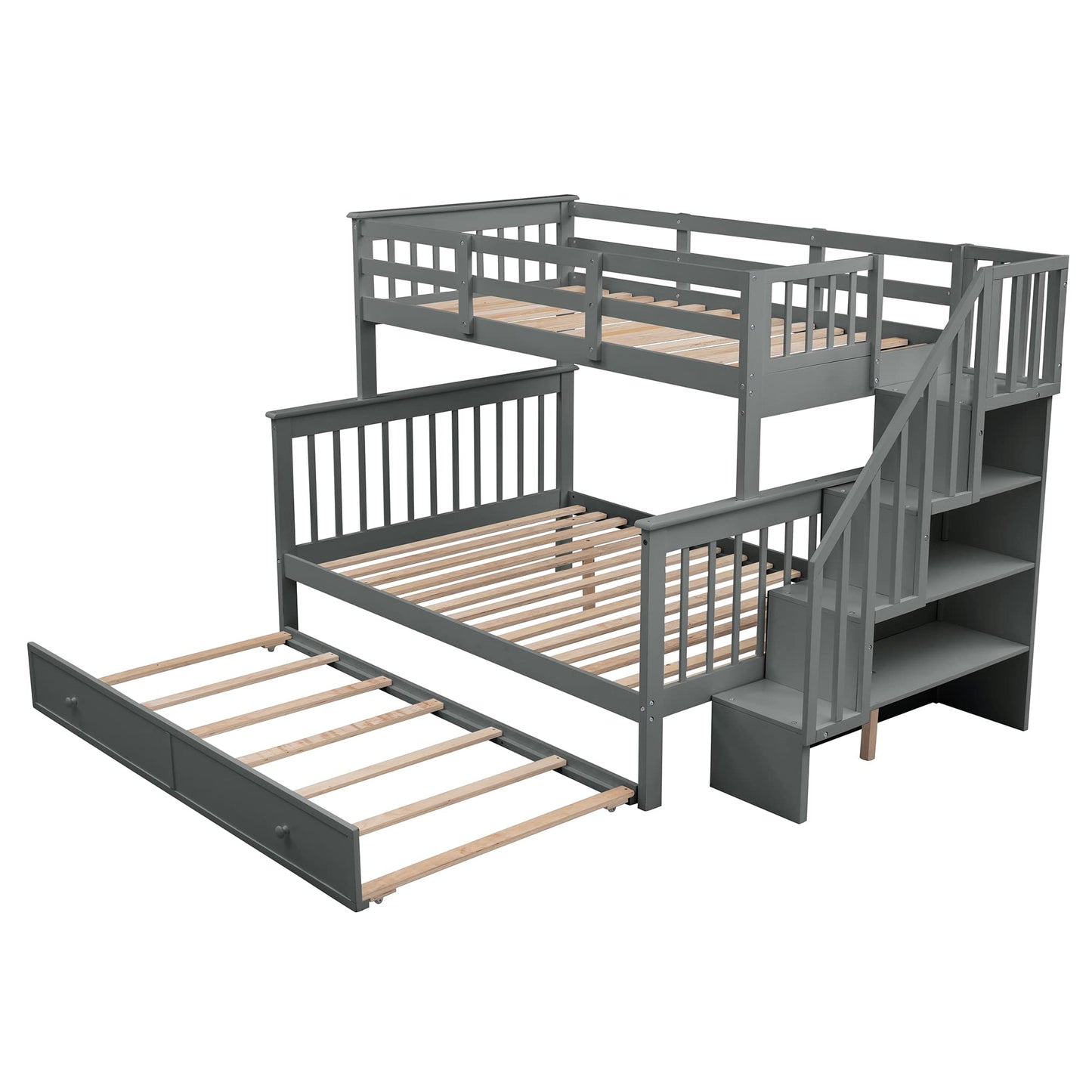 MERITLINE Twin Over Full Bunk Bed with Twin Size Trundle, Wooden Bunk Bed with Stairway, Storage and Guard Rail for Kids, Adults (Gray)