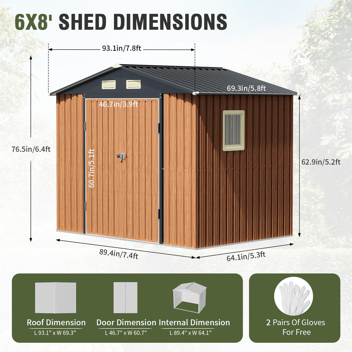 Florise 8x6 Ft Storage Shed, Large Outdoor Shed with Window, Lockable Doors, Outside Steel Shed for Garden, Backyard, Lawn, Patio Utility, Tool Storage Florise