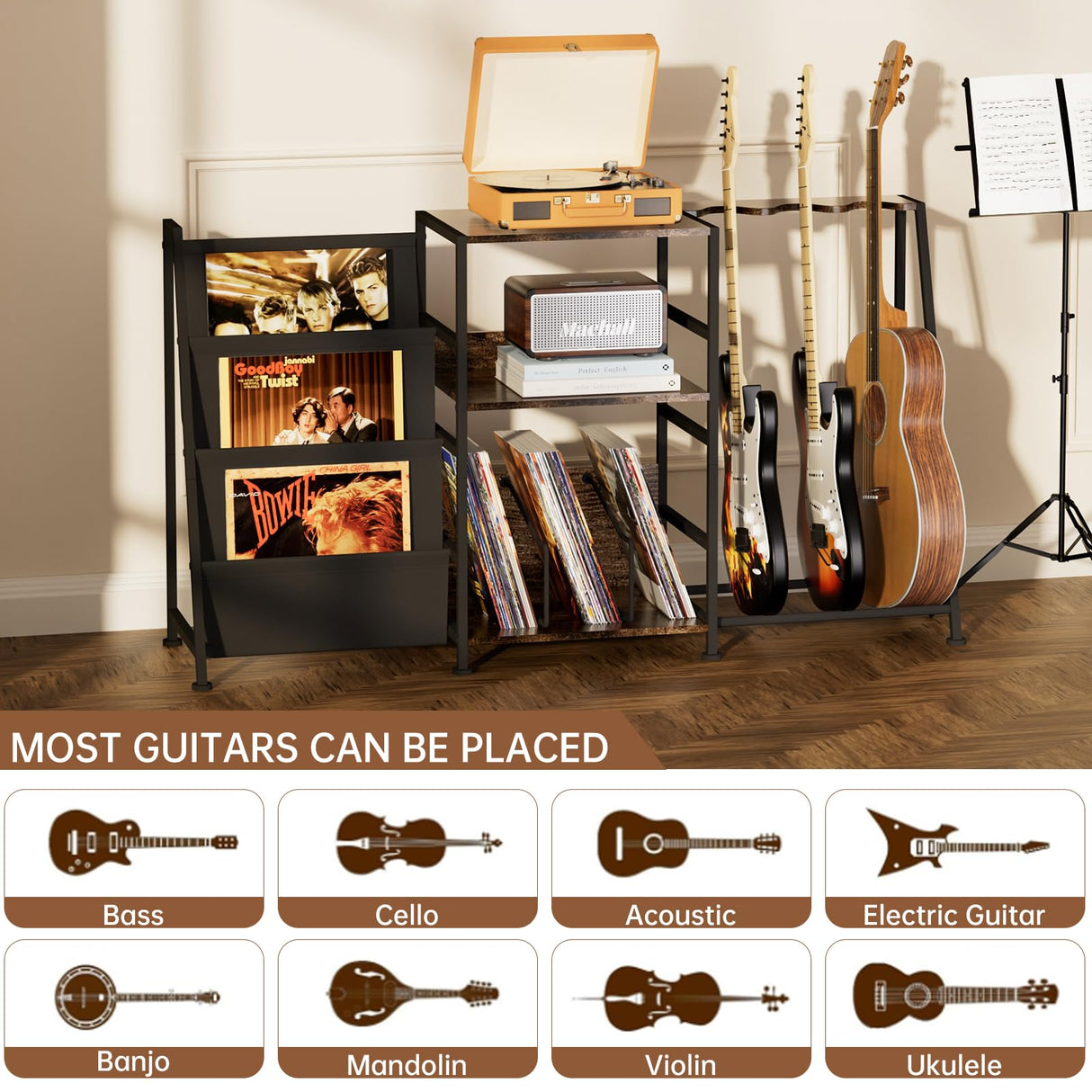 Hosfais Record Player Stand, 3 Tier Guitar Stand for Acoustic, Electric Guitar, Bass Stand, Vinyl Record Storage Up to 200 Albums, Brown Records Shelf for Living Room Bedroom Hosfais