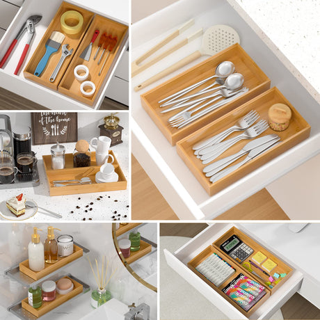 VeyFey Bamboo Drawer Organizer, Stackable Utensil Organizer for Kitchen, Bamboo Storage Box Wood Silverware Tray for Drawer 15" x 6" x 2" Set of 2 VeyFey