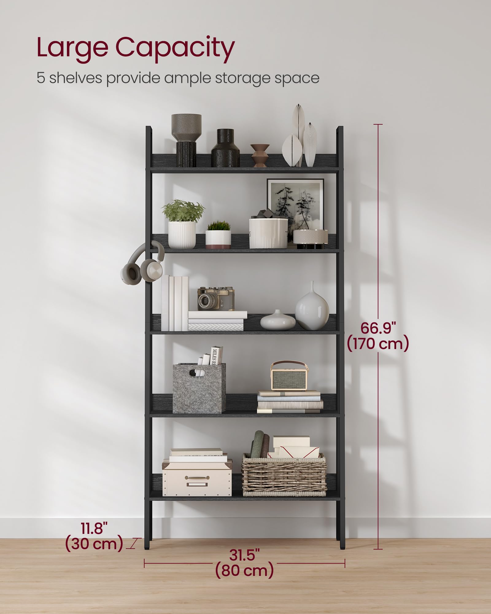 VASAGLE 5-Tier Ladder Shelf - Stylish Multi-Use Bookshelf in Ebony Black and Ink Black - WoodArtSupply