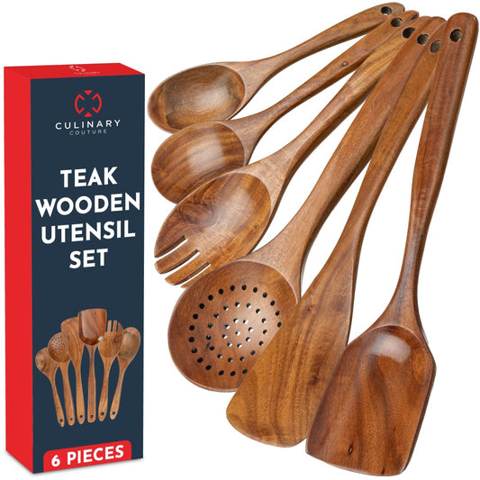 Teak Wooden Utensil Set 6-Piece - Smooth Finish Bamboo Wooden Spoons for Cooking Comfortable Grip, Non Scratch Premium Teak Wood Kitchen Utensils Set