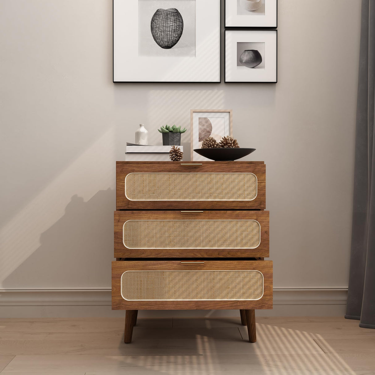 RARZOE Rattan Nightstand Dresser Chest of 3 Drawers, Wood Storage Dresser Cabinet Organizer Unit for Bedroom Living Room Closet Office(Walnut) RARZOE