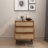 RARZOE Rattan Nightstand Dresser Chest of 3 Drawers, Wood Storage Dresser Cabinet Organizer Unit for Bedroom Living Room Closet Office(Walnut) RARZOE