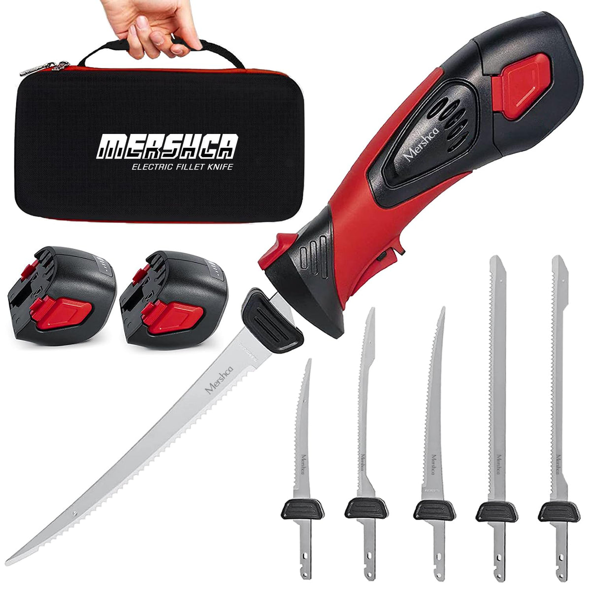 Mershca Cordless Electric Fillet Knife, with 5 Ti-Nitride S.S. Coated Non-Stick Reciprocating Blades & Cooling Hole Non-Slip Grip Handle & Practical handbag, Rechargeable Electric Knife for Fishing Mershca
