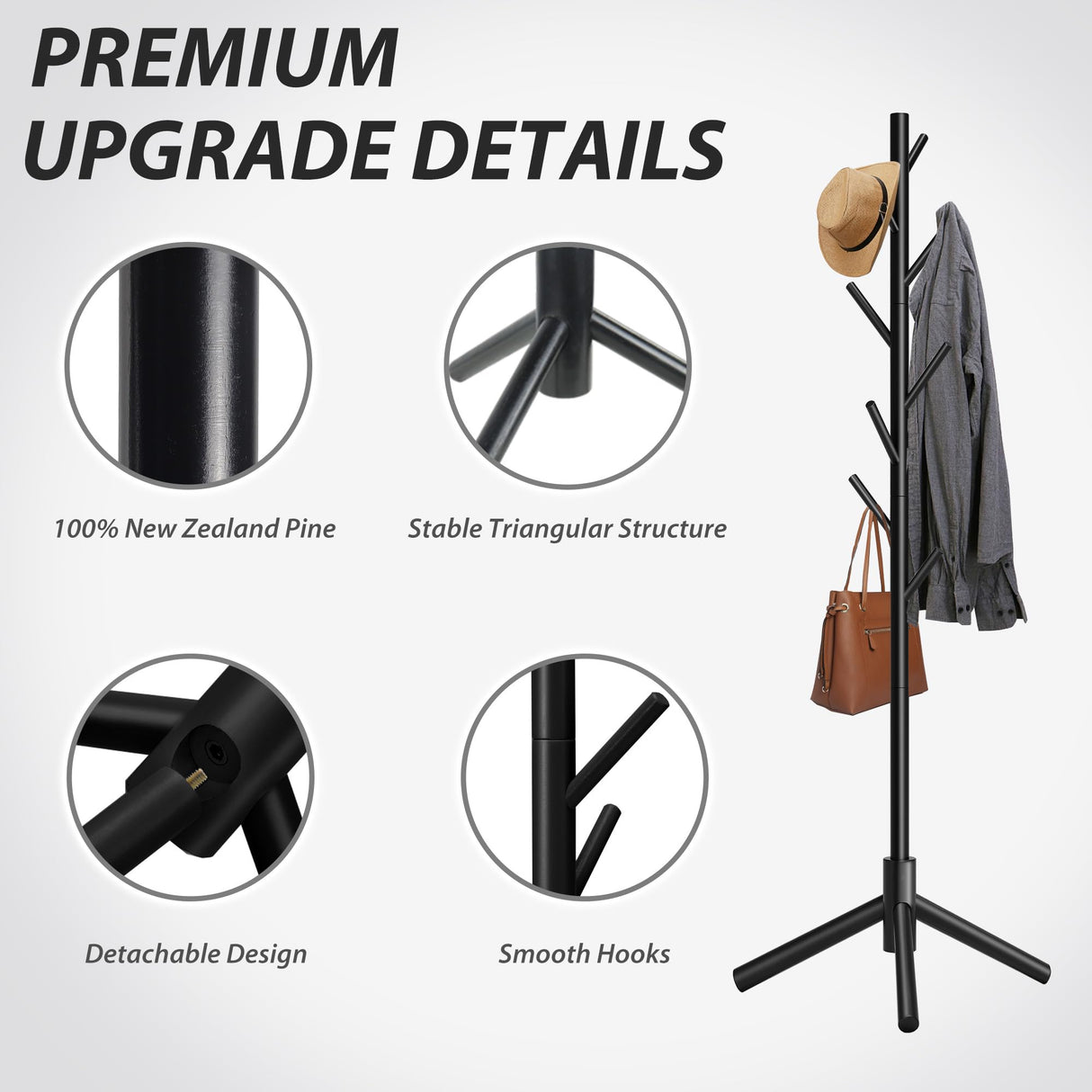 Unisakey Durable Wooden Coat Rack Stand(New Black), Freestanding Coat Rack with Stable Triangular Base, 8 Hooks & 3 Adjustable Heights, Simple Assembly for Bedroom, Hallway, Office Unisakey