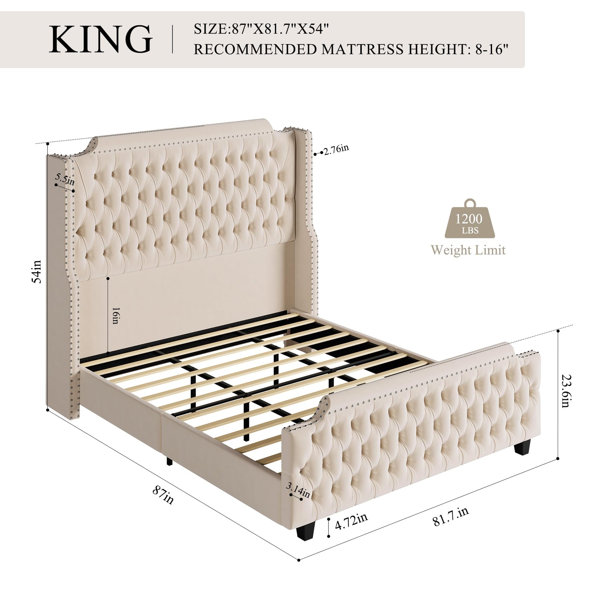 HOSTACK Velvet King Size Platform Bed Frame with 54" Wingback Headboard and Button-Tufted Footboard in Cream - WoodArtSupply