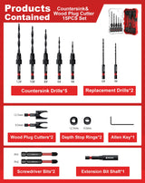 EZARC Countersink Drill Bit Set, 15 PCS Tapered Drill Bits Counter Sink Drill Bit with 2PCS Wood Plug Cutter 1/4" Hex Shank Quick Change for Woodworking with Storage Box EZARC