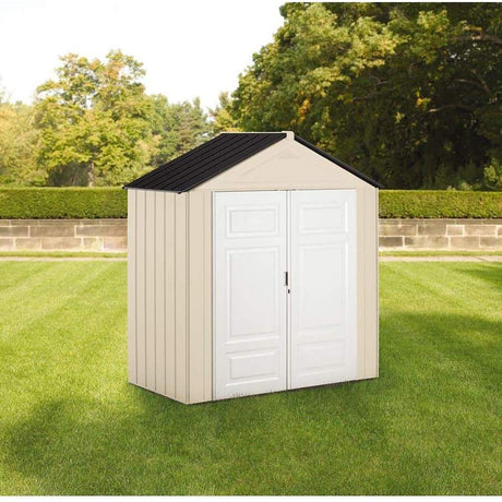 Rubbermaid Resin Outdoor Storage Shed With Floor (7 x 3.5 Ft), Weather Resistant, Beige/White, Organization for Home/Backyard/Garden Tools/Lawn Mower/Bike Storage/Pool Supplies Rubbermaid
