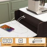 HLR Kitchen Island with Extendable Dining Table, Marble Grain Countertop Island with Power Outlet, Rolling Storage Cart on Wheels with Storage Cabinet and 2 Drawers, Prep Table for Kitchen HLR