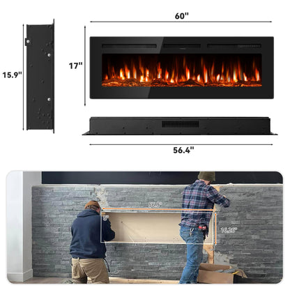 Manastin 60 Inch Electric Fireplace in-Wall Recessed and Wall Mounted with Remote Control, 750W/1500W Thin Wall Fireplace Heater(60-99°F Thermostat) with 12 Adjustable Color, Timer and Log Set