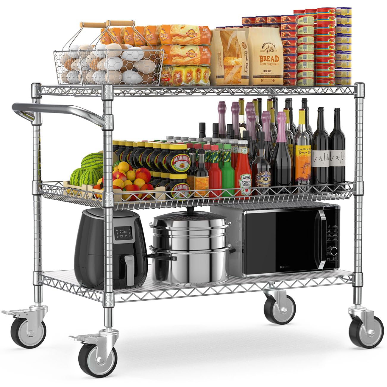 Leteuke 1120LBS Heavy Duty Rolling Utility Cart,3 Tier Rolling Carts with Wheels,NSF Commercial Grade with Handle Bar & Shelf Liners,45"x25"x39"Storage Cart for Kitchen,Restaurant,Plant Display,Chrome