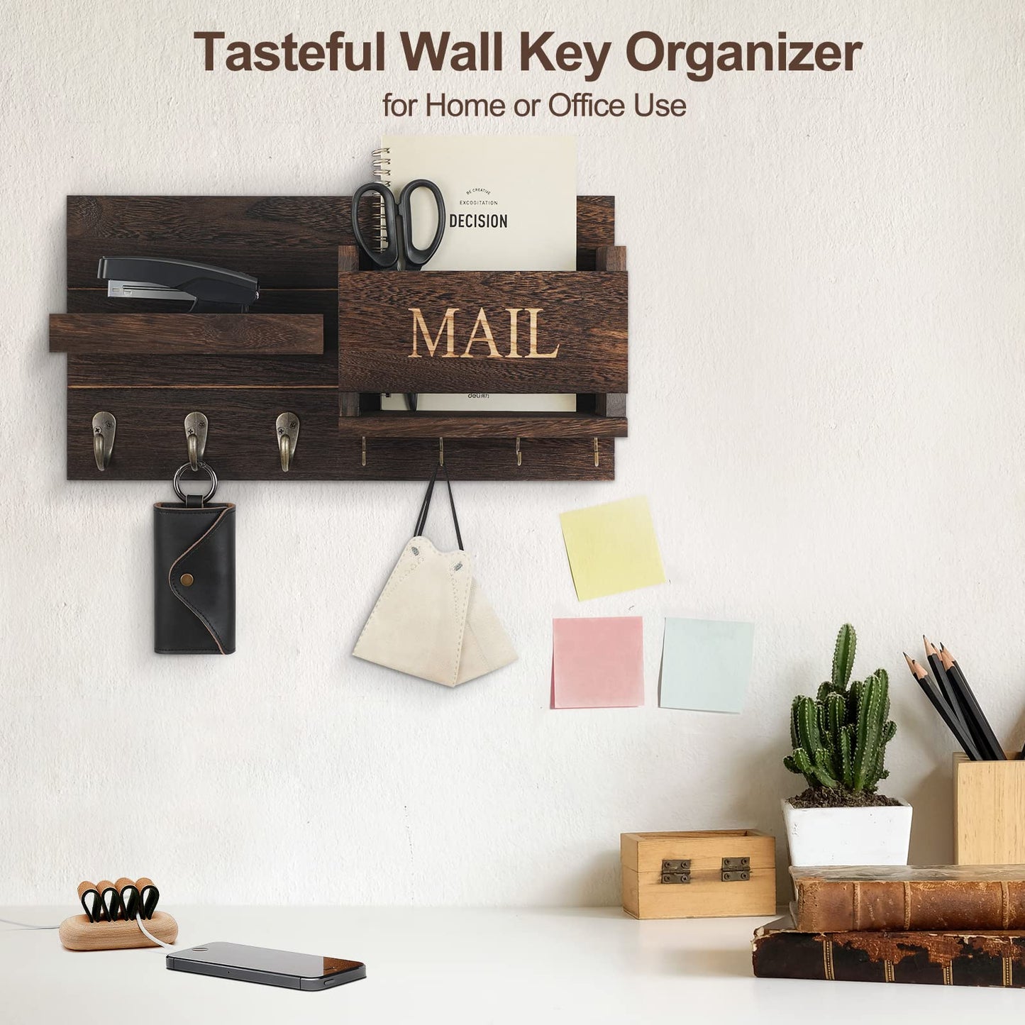 Lwenki Mail Organizer for Wall Mount – Key Holder with Shelf Includes Letter Holder and Hooks for Hallway Farmhouse Decor – Rustic Wood with Flush Mounting Hardware (16.5” x 9.1” x 3.4”) (Brown)