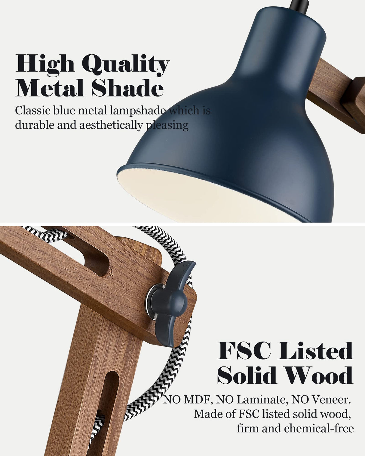 ELYONA Sapele Wood Desk Lamp with Upgraded Wireless Charger, Swing Arm Table Lamp with USB C Charging Port, Reading Task Light for Bedroom, Dorm, Office, Living Room, LED Bulb Include, Modern Blue ELYONA